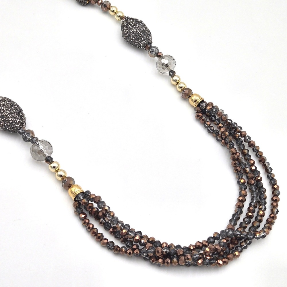 Bronze Smoke Grey Multi Strand Beaded Long Necklace Silver Tone Pavé Accents 40"